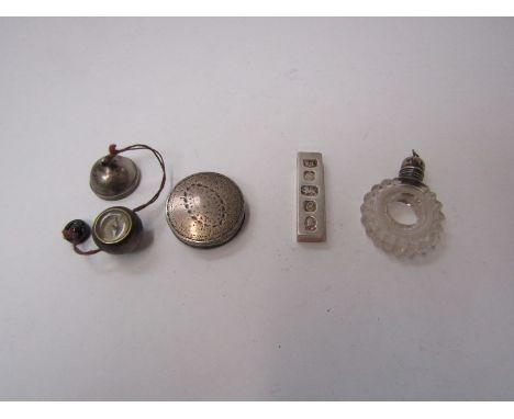 A Samuel Pemberton silver counter case, Birmingham 1791, globe compass, scent bottle and ingot (4) 