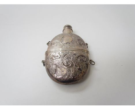 A Henry Hyde Aston silver oval spirit flask, with embossed and chased foliate decoration, crest on blank cartouche and monogr