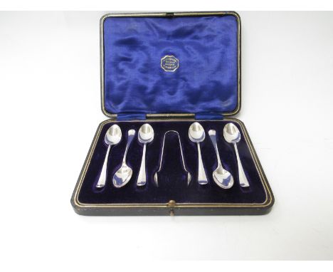 A set of six Harrison Brothers &amp; George Howson teaspoons with matching tongs, Sheffield 1921-22, 81g