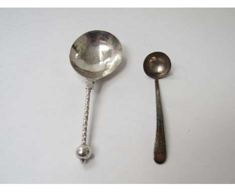 An 18th Century white metal spoon with large bowl and barley-twist handle, possibly Norwegian and a white metal condiment lad
