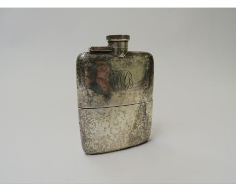 A Stewart Dawson &amp; Co Ltd., silver hip flask with removable cup monogrammed detail, Chester 1915, 11.5cm tall, 203g 