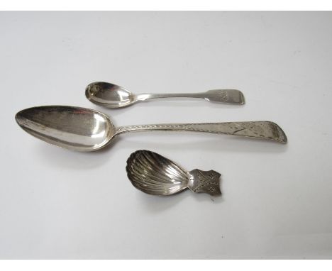 A  George III silver caddy spoon with fluted bowl and bright cut decoration to the handle, London 1791, a George III Scottish
