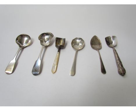 Six silver condiment and tea caddy spoons, some monogrammed, various makers and dates, 113g