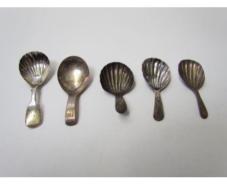 Five silver tea caddy spoons including Georgian and Victorian, various makers and dates, 41g