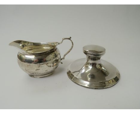 A silver engraved presentation jug and presentation capstan inkwell, various makers and dates (2)