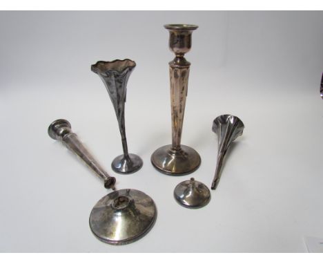 A William Hutton &amp; Sons Ltd. silver candlestick with weighted base and stem vase plus a matching candlestick and vase, a/