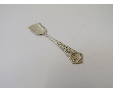 A John Hart "Iona" Celtic Art silver tea caddy spoon, Edinburgh 1962, 21g, 11.5cm long 