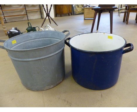 Large blue enamel cooking pot along with a similar galvanised steel bucket