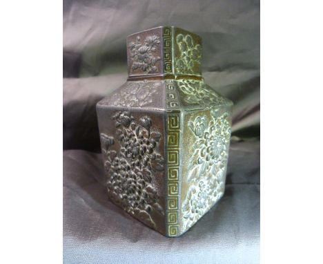Oriental Bronzed Tea Caddy with Lid and Cover. Decorated with embossed floral motif's 