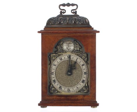 Miniature walnut bracket clock timepiece, the movement with fixed key wind and bearing the trademark logo CF (probably Charle