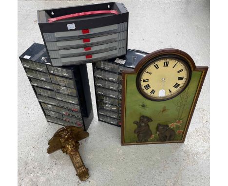 Framed arched clock plaque, the 9" cream dial&nbsp; modelled in relief over two bears upon a painted garden background depict