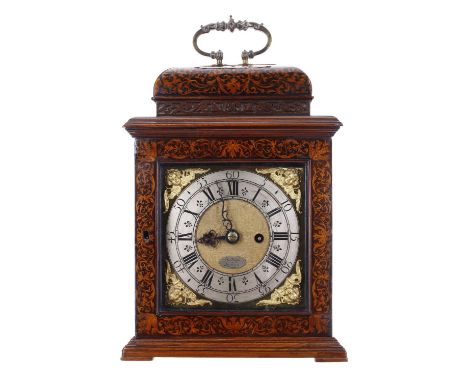 Interesting English marquetry&nbsp;double fusee bracket clock, the 6.75" square brass dial signed Geo Wafs, London on an oval