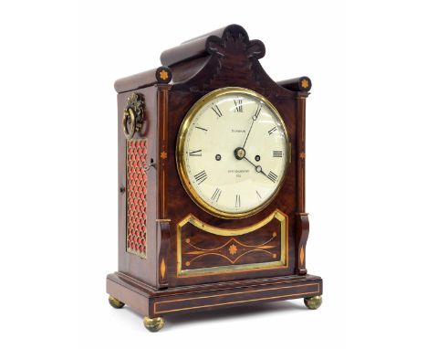 Good English mahogany and inlaid double fusee bracket clock, the 6" convex cream dial signed Simson, Southampton, no. 852, th