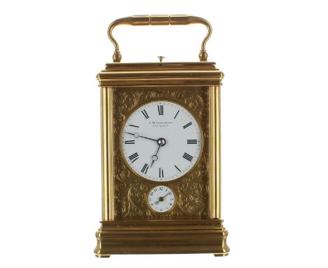 Drocourt repeater carriage clock with alarm, the movement striking with two hammers on a gong, stamped with maker's trademark