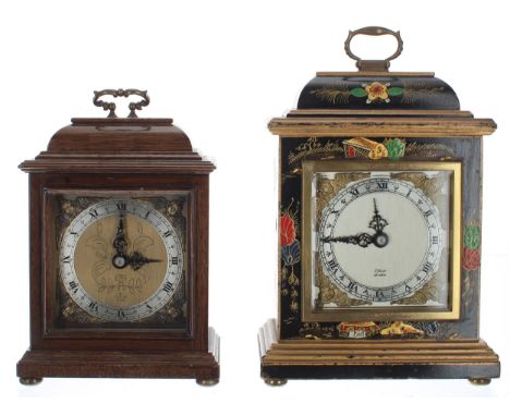 Elliott of London small bracket clock timepiece, within a black lacquer chinoiserie decorated case surmounted by a carrying h