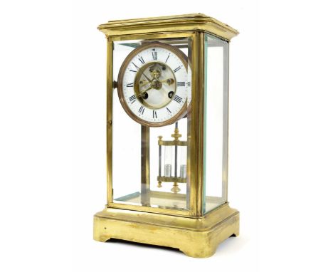 French brass and four glass two train mantel clock, the S. Marti movement striking on a bell, the 4.25" white chapter ring en