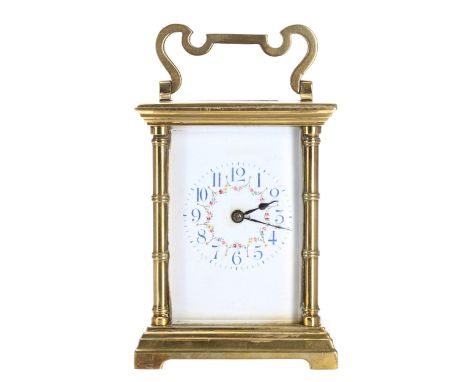 French carriage clock&nbsp;striking on a gong, the dial with Arabic numerals enclosing painted flowerheads, within a bamboo p