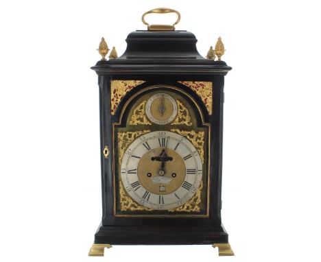 English ebonised double fusee bracket clock, the 8" brass arched dial signed William Strong, London on a silvered arched plat