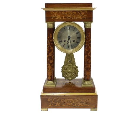 French rosewood portico two train mantel clock, the Japy Freres movement with outside countwheel striking on a bell, the 4" s