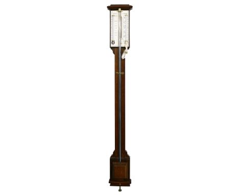 Mahogany stick barometer, the thermometer scales signed Saunders, Dorchester, over a flat trunk and rectangular stepped ciste