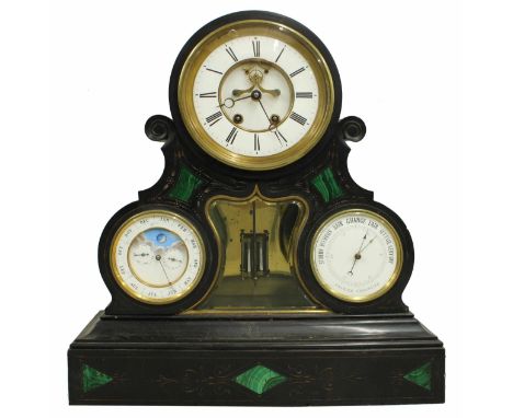 Good French black slate and malachite inlaid triple dial drumhead calendar clock, the movement back plate stamped H P &amp; C