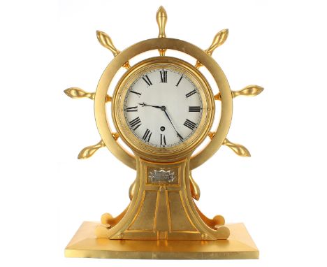 Good novelty gilded brass ship's steering wheel mantel clock timepiece in the manner of Thomas Cole, signed Atkey &amp; Son, 