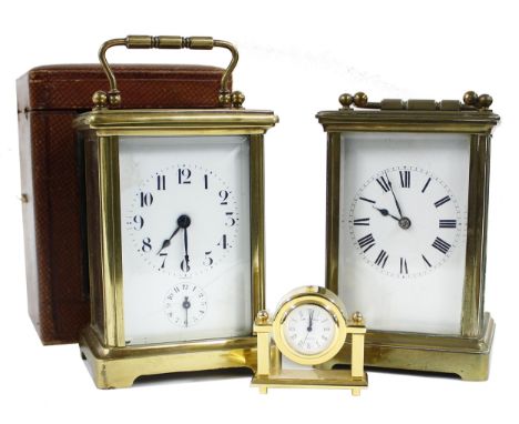 Carriage&nbsp;clock striking on a gong, within a cornice brass case, 5.75" high (key); also another carriage clock timepiece 