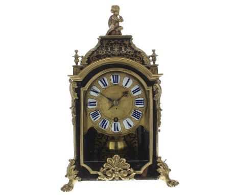 Early French Boulle mantel clock timepiece, the movement back plate signed Jean Godde Paris, the 5.5" gilded chapter ring wit