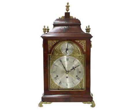 Fine English mahogany triple fusee original verge bracket clock, the 8" brass arched dial signed John Gilbertson, Rippon to t