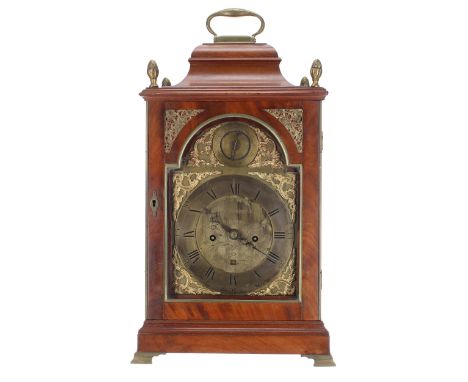 English&nbsp;mahogany double fusee bracket clock, the 7" brass arched dial signed Rob T. Burfield, Arundel to the foliate eng
