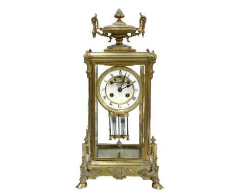 Good French&nbsp;brass four-glass two train mantel clock, the S. Marti movement striking on a bell, the 3.75" white chapter r