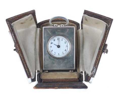 Edwardian miniature silver cased carriage clock timepiece,&nbsp;the white enamel dial within a plain case, 2.5" high,&nbsp;be