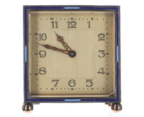 Miniature silvered and enamel decorated square travelling clock timepiece, with fixed key wind, 2.75" high 