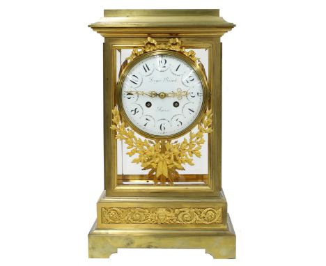 Good French ormolu two train four glass mantel clock,&nbsp;the 6.5" white convex enamel dial signed Prosper Roussel, Paris an