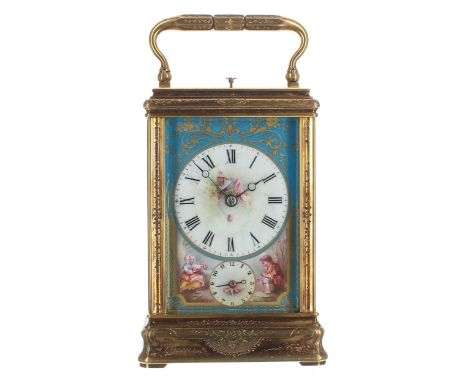 Fine Drocourt porcelain panelled repeater carriage clock with alarm,&nbsp;the movement back plate bearing the trademark maker