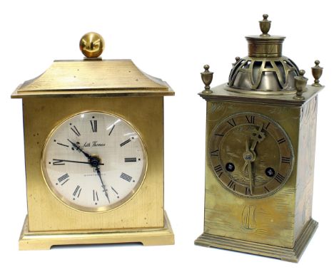 Small Japanese inspired French brass two train mantel clock, the Japy Freres movement with platform escapement and striking o