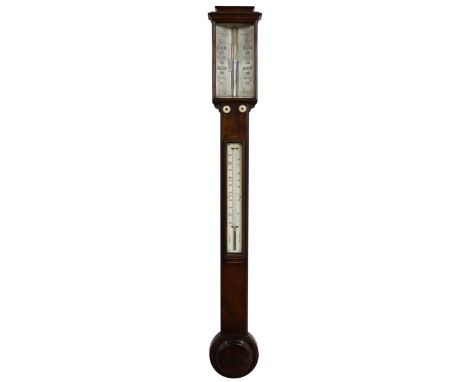 Walnut stick barometer/thermometer, the angled scale signed J SH. Somalvico &amp; Co., 2 Hatton Garden, London, over a flat t