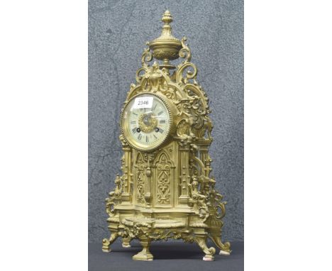 French brass two train ornate mantel clock, the Mougin movement stamped Bernard Lyon á Paris, no. 470, with outside countwhee