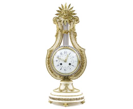 Good French white marble and ormolu mounted two train lyre mantel clock, the S. Marti movement back plate stamped Paris no. 6