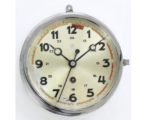 Junghans ship's bulkhead clock, the 6.5" silvered dial with centre seconds sweep hand, within a brass ring turned stepped cas