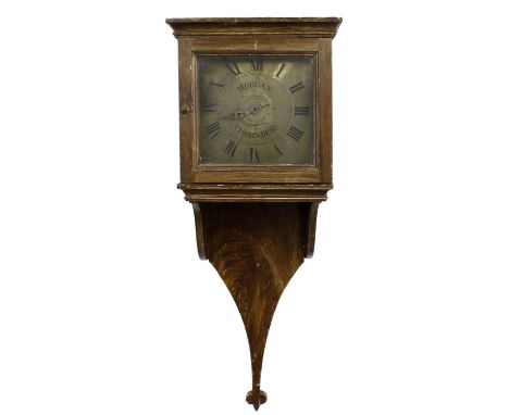 Early English single train hooded wall clock with alarm,&nbsp; the 7" square brass dial signed Morgan, Thornbury with central