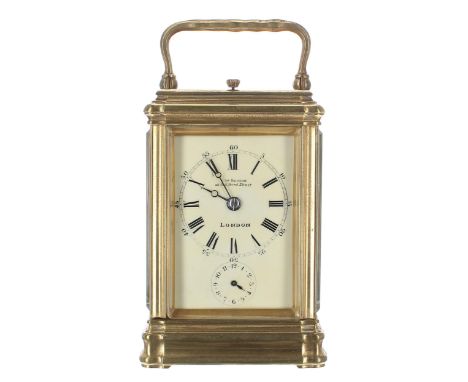 French repeater carriage clock with alarm striking on a gong, the movement back plate stamped Made in Paris, no. 33951; also 