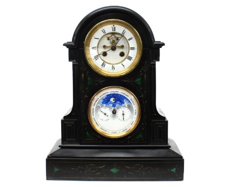 French black marble two train calendar mantel clock,&nbsp;the S. Marti movement striking on a bell, the 4.75" white chapter r