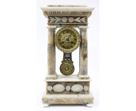 French alabaster portico two train mantel clock, the movement back plate stamped PD no. 5850, with outside countwheel and str