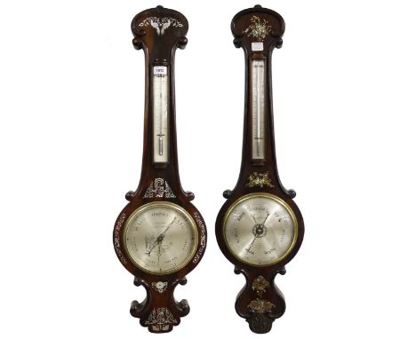 Rosewood and mother of pearl inlaid barometer/thermometer, the 8" silvered dial signed J. Pinsil &amp; Son, 5 Grenville St, H