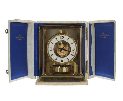 Jaeger LeCoultre Atmos clock,&nbsp;the 4.25" white dial enclosing a skeletonised centre, stamped Metal Caliber 526/5 under th
