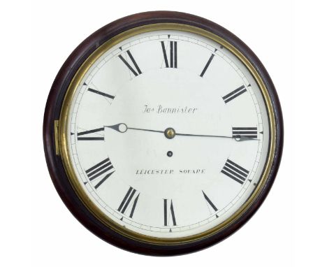 Unusual mahogany 12" single fusee wall dial clock signed Jas Bannister, Leicester&nbsp;Square, within a turned surround (pend