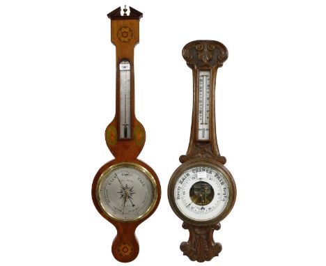 Mahogany inlaid wheel barometer/ thermometer, the 8" silvered dial signed Colin Masters, Calne, within an ebony and boxwood b