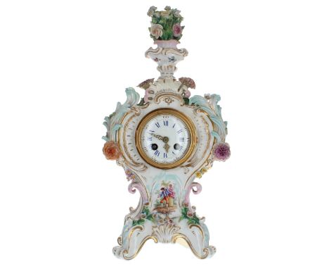 Small French balloon shaped two train porcelain mantel clock, the movement with lever platform escapement striking a bell on 