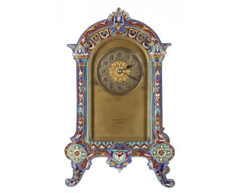 Unusual French cloisonne cased carriage type mantel clock striking on gong, the movement back plate stamped with the maker's 